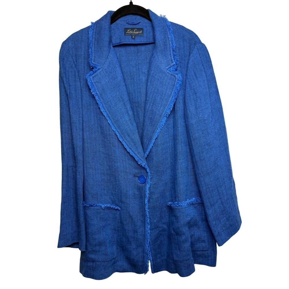 Luisa Spagnoli Blue Frayed Edge Linen Jacket Women's Sz. L - Picture 2 of 7